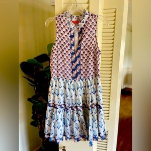 Oliphant Yoke Dress in white with navy, blue and burgundy pattern. Size small.